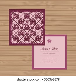 Wedding invitation or greeting card with seamless roses pattern. Cut laser square envelope template. Wedding invitation envelope for laser cutting. Vector illustration.