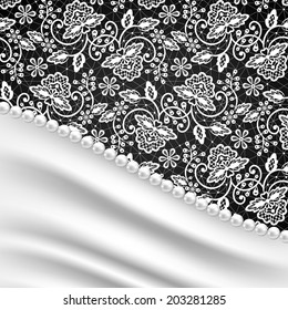Wedding invitation or greeting card with silk drapery and pearl necklace