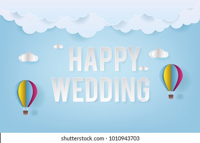 Wedding invitation, greeting card template with cloud and heart shape origami. Paper art and craft style.
