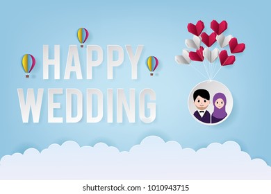Wedding invitation, greeting card template with avatar cartoon, cloud and heart shape origami. Paper art and craft style.