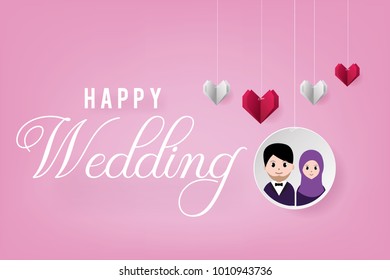 Wedding invitation, greeting card template with avatar cartoon, cloud and heart shape origami. Paper art and craft style.