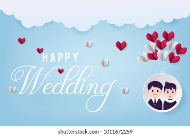 Wedding invitation, wedding greeting card. Wedding greeting card template with avatar cartoon, cloud and heart shape origami. Paper art and craft style.