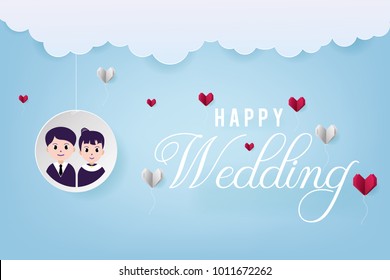 Wedding invitation, wedding greeting card. Wedding greeting card template with avatar cartoon, cloud and heart shape origami. Paper art and craft style.