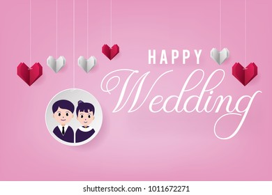 Wedding invitation, wedding greeting card. Wedding greeting card template with avatar cartoon, cloud and heart shape origami. Paper art and craft style.