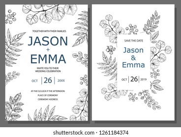 Wedding invitation or greeting card template. Minimalistic design with floral elements hand drawn on a white background. Vector