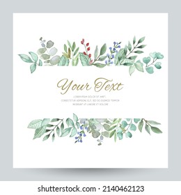 Invitación de boda o plantilla de tarjeta de saludo con hojas de acuarela y flores, tarjeta de agradecimiento, guardar las tarjetas de fecha, ducha de bebé, menú, volante, plantilla de banner.Fondo suave de acuarela, vector.