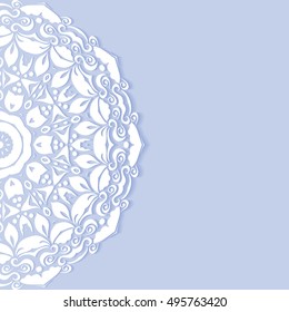 Wedding Invitation or Greeting Card template with doodle floral ornament. Decorative abstract background, hand drawn pattern, mandala element. Luxury postcard with lace texture