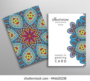 Wedding Invitation or Greeting Card template with doodle floral ornament. Decorative abstract background hand drawn pattern, mandala element. Luxury postcard with colorful geometric mandala background