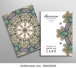 Wedding Invitation or Greeting Card template with doodle floral ornament. Decorative abstract background hand drawn pattern, mandala element. Luxury postcard with colorful geometric mandala background