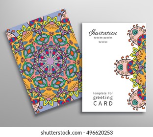 Wedding Invitation or Greeting Card template with doodle floral ornament. Decorative abstract background hand drawn pattern, mandala element. Luxury postcard with colorful geometric mandala background