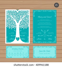 Wedding invitation or greeting card with tree. Paper lace envelope template. Wedding invitation envelope mock-up for laser cutting. Vector illustration.