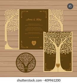 Wedding invitation or greeting card with tree. Paper lace envelope template. Wedding invitation envelope mock-up for laser cutting. Vector illustration.