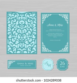 Wedding invitation or greeting card with vintage ornament. Paper lace envelope template. Wedding invitation envelope mock-up for laser cutting. Vector illustration.