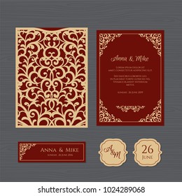 Wedding invitation or greeting card with vintage ornament. Paper lace envelope template. Wedding invitation envelope mock-up for laser cutting. Vector illustration.