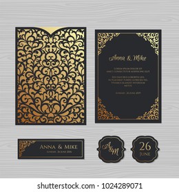 Wedding invitation or greeting card with vintage ornament. Paper lace envelope template. Wedding invitation envelope mock-up for laser cutting. Vector illustration.