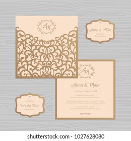 Wedding invitation or greeting card with vintage ornament. Paper lace envelope template. Wedding invitation envelope mock-up for laser cutting. Vector illustration.