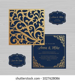 Wedding invitation or greeting card with vintage ornament. Paper lace envelope template. Wedding invitation envelope mock-up for laser cutting. Vector illustration.