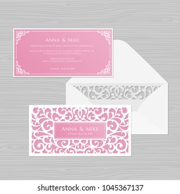 Wedding invitation or greeting card with vintage ornament. Paper lace envelope template. Wedding invitation envelope mock-up for laser cutting. Vector illustration.