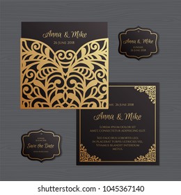 Wedding invitation or greeting card with vintage ornament. Paper lace envelope template. Wedding invitation envelope mock-up for laser cutting. Vector illustration.