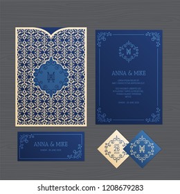 Wedding invitation or greeting card with vintage ornament. Paper lace envelope template. Wedding invitation envelope mock-up for laser cutting. Vector illustration.