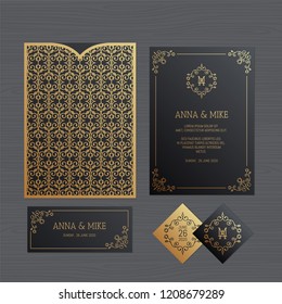Wedding invitation or greeting card with vintage ornament. Paper lace envelope template. Wedding invitation envelope mock-up for laser cutting. Vector illustration.