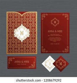 Wedding invitation or greeting card with vintage ornament. Paper lace envelope template. Wedding invitation envelope mock-up for laser cutting. Vector illustration.