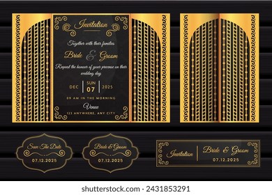 Wedding invitation or greeting card with vintage ornament. Wedding invitation envelope mock-up for laser cutting. Vector illustration.