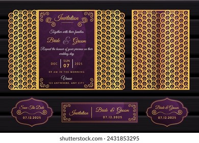 Wedding invitation or greeting card with vintage ornament. Wedding invitation envelope mock-up for laser cutting. Vector illustration.