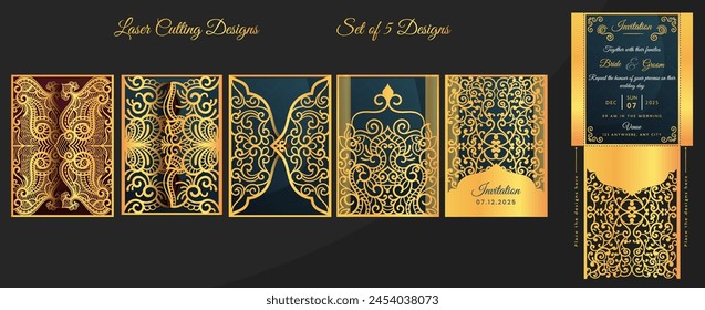 Wedding invitation or greeting card with vintage ornaments. Wedding invitation envelope mock-up set for laser cutting. Vector illustration.