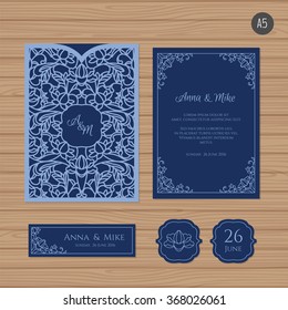 Wedding invitation or greeting card with vintage ornament. Paper lace envelope template. Wedding invitation envelope mock-up for laser cutting. Vector illustration.