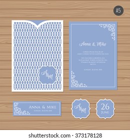 Wedding invitation or greeting card with vintage ornament. Paper lace envelope template. Wedding invitation envelope mock-up for laser cutting. Vector illustration.