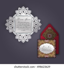 Wedding invitation or greeting card with vintage floral ornament. Paper lace envelope template, mock-up for laser cutting. Vector illustration.