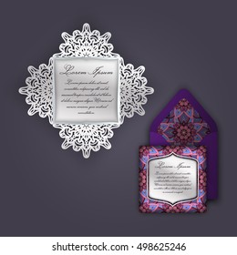 Wedding invitation or greeting card with vintage floral ornament. Paper lace envelope template, mock-up for laser cutting. Vector illustration.