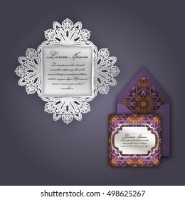 Wedding invitation or greeting card with vintage floral ornament. Paper lace envelope template, mock-up for laser cutting. Vector illustration.