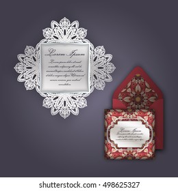 Wedding invitation or greeting card with vintage floral ornament. Paper lace envelope template, mock-up for laser cutting. Vector illustration.