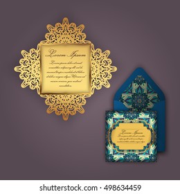 Wedding invitation or greeting card with vintage floral ornament. Paper lace envelope template, mock-up for laser cutting. Vector illustration.