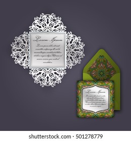Wedding invitation or greeting card with vintage floral ornament. Paper lace envelope template, mock-up for laser cutting. Vector illustration.
