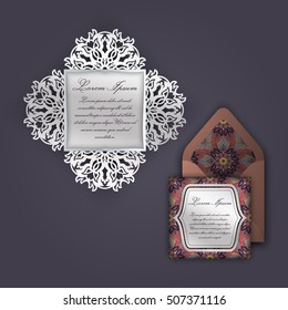 Wedding invitation or greeting card with vintage floral ornament. Paper lace envelope template, mock-up for laser cutting. Vector illustration.
