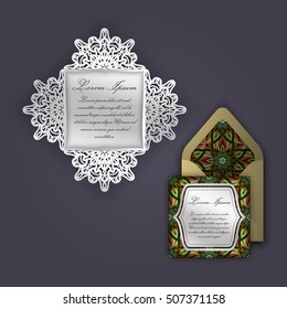 Wedding invitation or greeting card with vintage floral ornament. Paper lace envelope template, mock-up for laser cutting. Vector illustration.