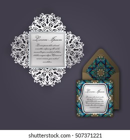 Wedding invitation or greeting card with vintage floral ornament. Paper lace envelope template, mock-up for laser cutting. Vector illustration.