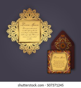 Wedding invitation or greeting card with vintage floral ornament. Paper lace envelope template, mock-up for laser cutting. Vector illustration.