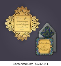 Wedding invitation or greeting card with vintage floral ornament. Paper lace envelope template, mock-up for laser cutting. Vector illustration.