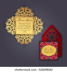 Wedding invitation or greeting card with vintage floral ornament. Paper lace envelope template, mock-up for laser cutting. Vector illustration.