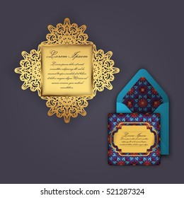Wedding invitation or greeting card with vintage floral ornament. Paper lace envelope template, mock-up for laser cutting. Vector illustration.