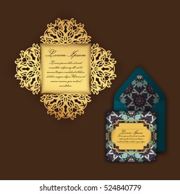 Wedding invitation or greeting card with vintage floral ornament. Paper lace envelope template, mock-up for laser cutting. Vector illustration.