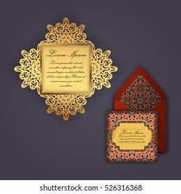 Wedding invitation or greeting card with vintage floral ornament. Paper lace envelope template, mock-up for laser cutting. Vector illustration.