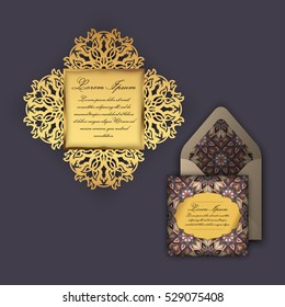 Wedding invitation or greeting card with vintage floral ornament. Paper lace envelope template, mock-up for laser cutting. Vector illustration.