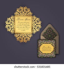 Wedding invitation or greeting card with vintage floral ornament. Paper lace envelope template, mock-up for laser cutting. Vector illustration.