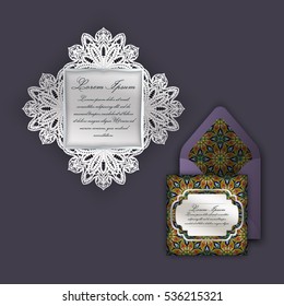 Wedding invitation or greeting card with vintage floral ornament. Paper lace envelope template, mock-up for laser cutting. Vector illustration.