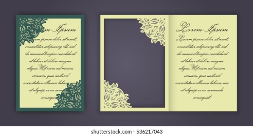 Wedding invitation or greeting card with vintage lace ornament. Mock-up for laser cutting. Vector illustration